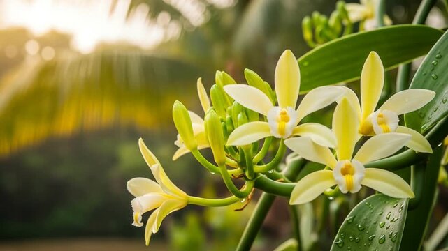 Close-up of beautiful yellow vanilla orchid flowers blooming in a tropical garden with sunlight filtering through the leaves and water droplets on foliage.