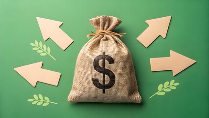 Dollar Sack with Arrows Pointing Outward – Financial Distribution Concept, Investment Allocation, Economic Growth Symbolism, Sustainable Wealth Illustration