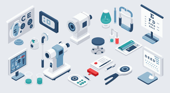 Modern optometry clinic tools and equipment in isometric style