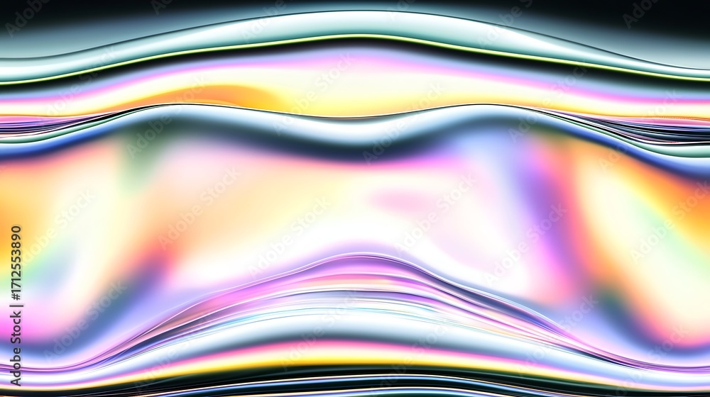 Poster abstract flowing colors with iridescent surface reflecting light and creating a dreamy ethereal back