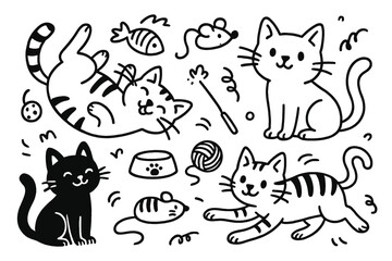 Cute cat doodle set. Hand drawn vector illustration of playful kittens, pet toys, yarn, fish, mouse, and food bowl. Funny kawaii animal character clipart collection.