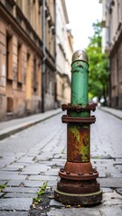 Rusty green pipe post in a narrow European city street