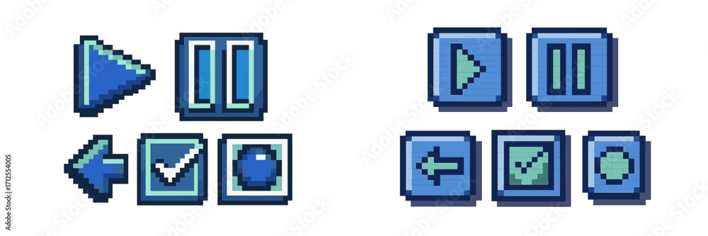 Poster colorful pixel art icons representing play, pause, rewind, and confirm functions typically used in a
