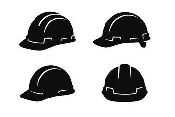 Construction helmet silhouette set. Hard hat safety icon collection. Vector graphic for builder, engineer, industrial worker. Protective headgear for work on site.