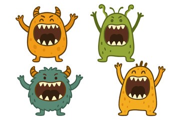 Funny screaming monsters character set. Cute childish beast with big open mouth and teeth shouting. Flat hand drawn vector illustration. Cartoon alien creature mascot pack.