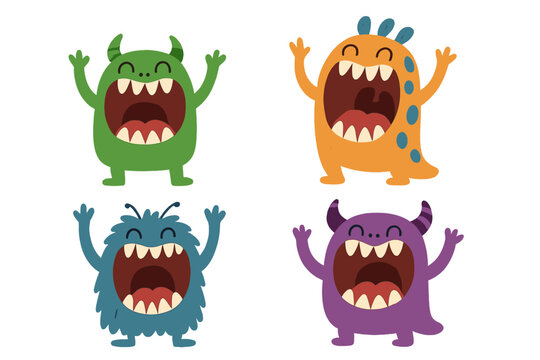 Set of funny screaming monsters with open mouths. Cute beast childish characters. Flat hand drawn vector illustration. Cartoon characters for kids. Happy monster collection.