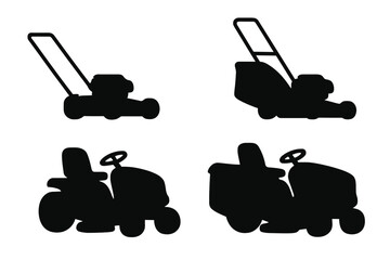 Lawn mower and garden tractor silhouette set. Vector icon collection of lawn care equipment. Push mower and riding mower for yard maintenance and landscaping. Grass cutting machine.
