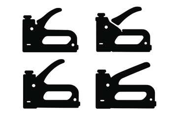 Staple gun silhouette icon set. Vector graphic illustration of a construction and upholstery tool. Heavy duty stapler for repair, woodwork, and DIY projects. Black clip art.