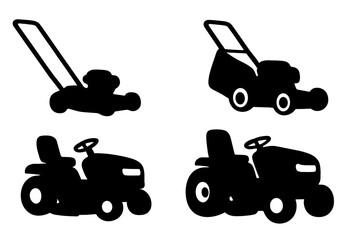 Lawn mower and tractor silhouette vector icon set. Garden equipment for landscaping and yard work. Push mower and riding mower graphic symbols for cutting grass service.