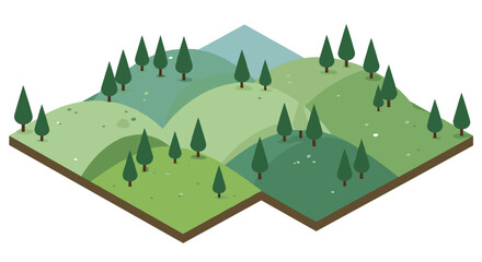 Obraz premium Isometric landscape with green hills and pine trees in geometric style