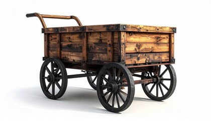 A rustic wooden wagon with black metal wheels and handle rests on a light surface—its slatted frame and aged finish evoke rural utility, crafted heritage, and the quiet rhythm of transport.