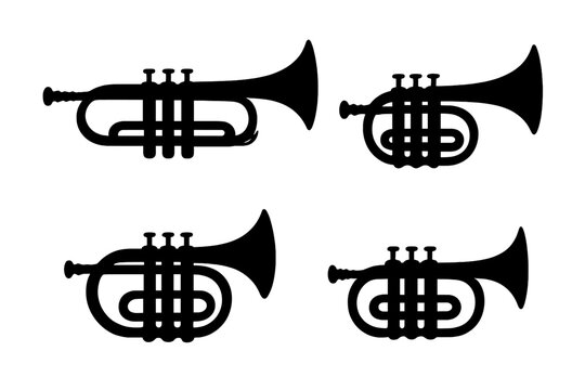Set of trumpet and cornet silhouettes. Vector icons of brass musical instruments. Jazz and classical music concept. Bugle and horn collection for orchestra or band logo design.