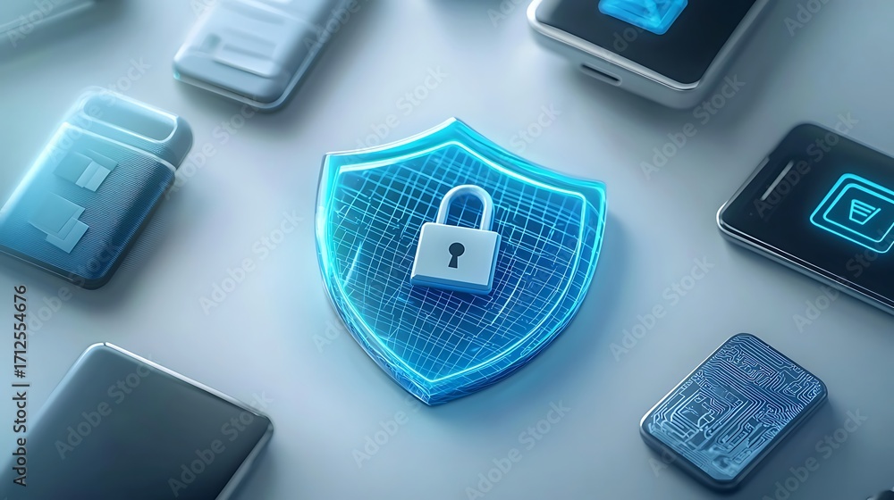 Poster digital shield icon with lock on a modern background of mobile devices and technological elements