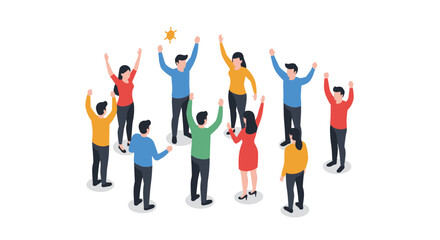 Diverse team celebrating success in isometric style on white background
