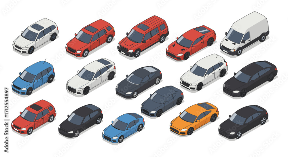 Poster isometric car collection with various models and colors for auto enthusiasts