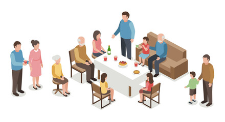 Family gathering in living room with generations sharing drinks and food in isometric style