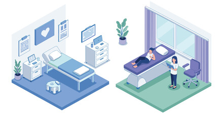 Obraz premium Isometric medical consultation room with patient and doctor in soft tones