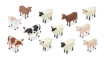 Isometric farm animals collection featuring cows and sheep