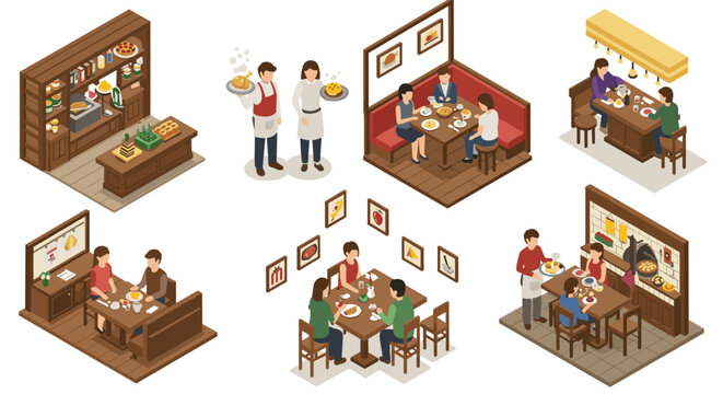 Cozy isometric restaurant scenes with diners and waitstaff in various dining settings