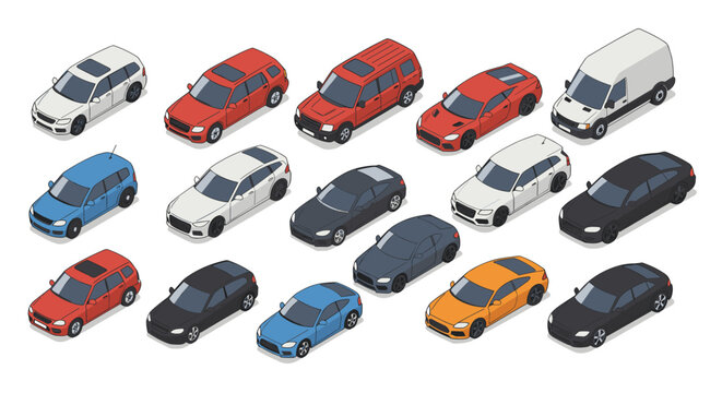 Isometric car collection with various models and colors for auto enthusiasts