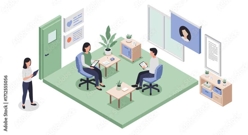 Poster modern office isometric design with people collaborating in a workspace setting