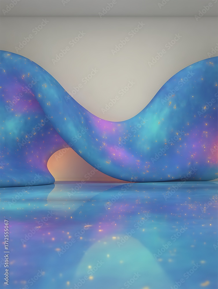 Poster abstract blue wave pattern with cosmic glitter design and reflective floor creating a dreamy modern 