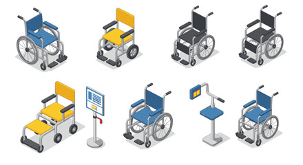 Collection of isometric wheelchairs and accessibility icons in modern design