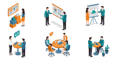 Isometric office teamwork scenes with employees collaborating and presenting