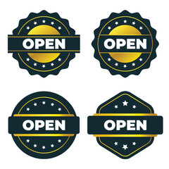 Open Sign Collection. Gold and Dark Blue Badges  Labels  and Emblems