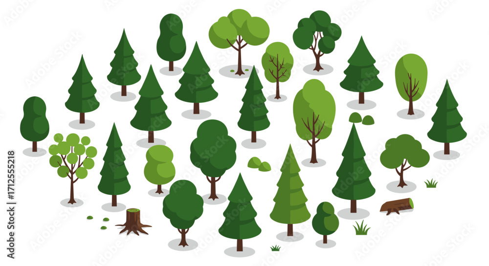Poster diverse isometric forest trees set on white background with various greenery elements