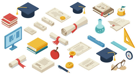 Isometric education elements with books, diplomas, and graduation caps for academic themes