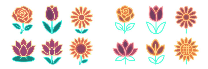 Colorful flower illustrations showcasing a variety of designs and styles in bright neon tones on a white background
