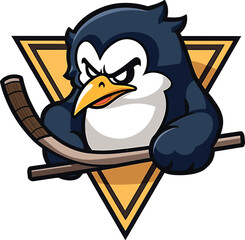 Fototapeta premium Serious penguin holding hockey stick, cold arctic bird winter sports mascot