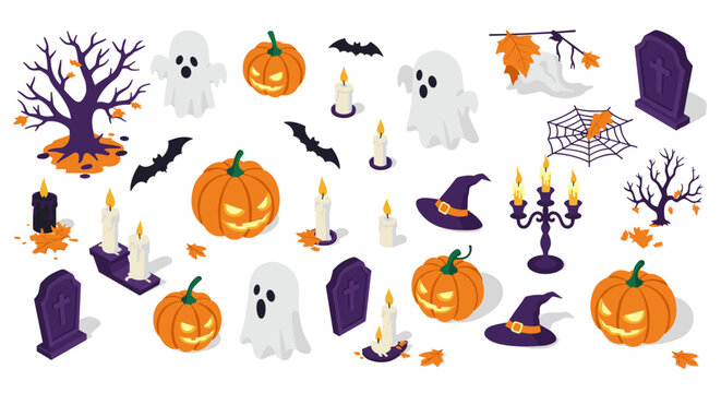 Spooky halloween isometric elements with ghosts, pumpkins, and haunted decorations