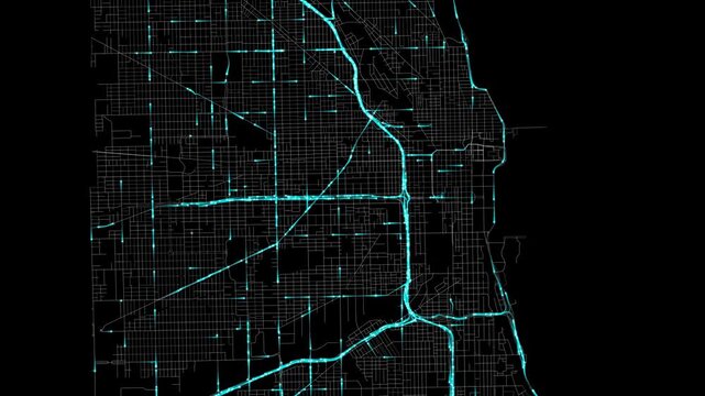 Urban Traffic Flow Map Simulation in Chicago, Illinois, GPS Smart city route Transportation