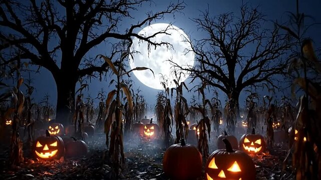 Halloween pumpkins spooky night scene with full moon and cornfield scary october background