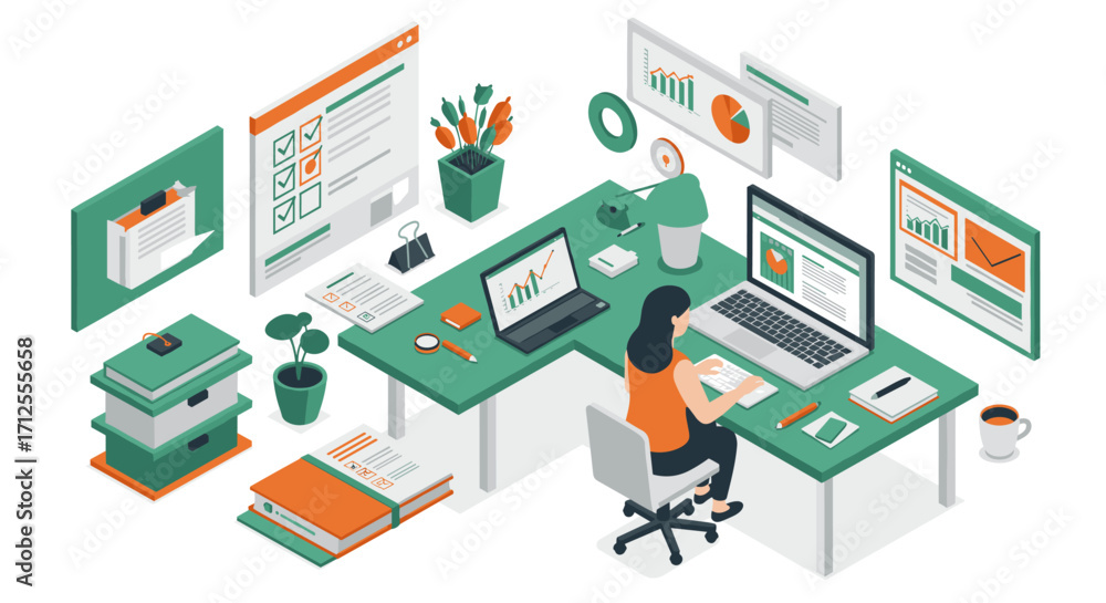 Poster isometric office workspace with business analytics and technology elements