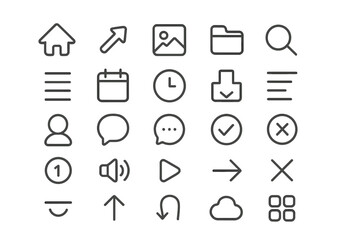 Minimalist line icon set for user interface design. Collection of simple outline pictograms for web and mobile apps. UI UX kit with navigation, communication and media symbols.