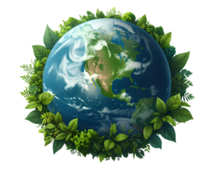 Earth Globe Surrounded by Green Leaves Planet World Isolated on a Transparent Background.