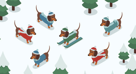 Fototapeta premium Festive dachshunds ski and sled in a whimsical winter wonderland