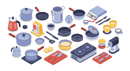 Modern isometric kitchenware collection with utensils and appliances