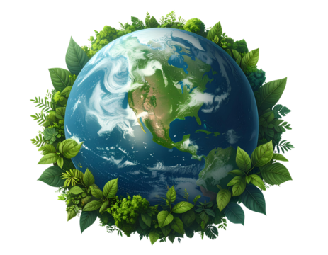 Earth Globe Surrounded by Green Leaves Planet World Isolated on a Transparent Background.