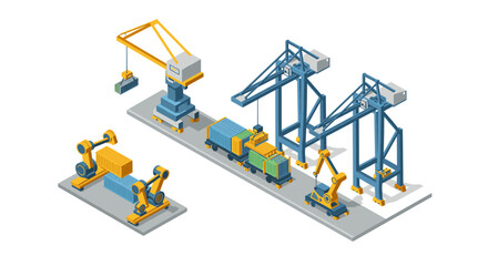 Isometric cargo handling scene with cranes and conveyor systems