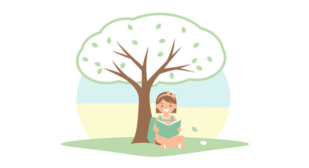 Girl Reading Under a Tree in a Peaceful Park with Illustrations and Graphic Art Style