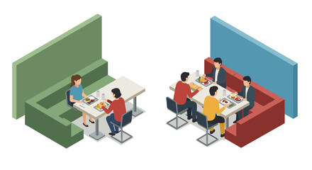 Isometric cafe dining scene with diverse groups in modern booths