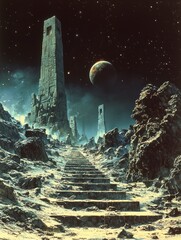 Mysterious Alien Landscape with Ancient Structures and Cosmic Planet