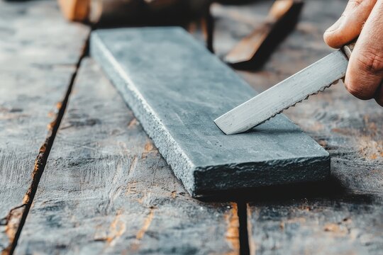 A hand sharpens a tool on a coarse sharpening stone, showcasing craftsmanship and attention to detail on a rustic wooden surface.