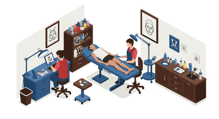 Modern tattoo studio scene with artists and client in isometric design