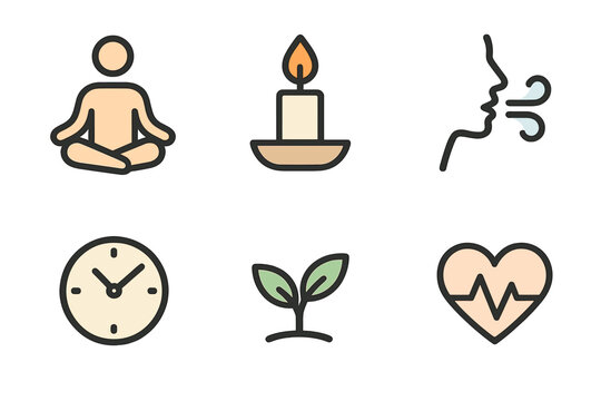 Wellness and meditation icon set. Minimalist vector symbols for mental health, yoga, breathing, nature, and self-care. Includes candle, clock, plant, and heartbeat icons.