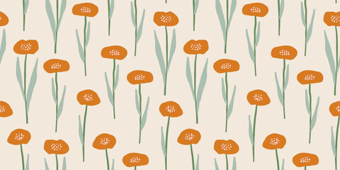 Trendy hand drawn seamless pattern with whimsical flowers. Cartoon vector endless background for textile, wallpaper. Charming botanical pattern. Trendy contemporary illustration